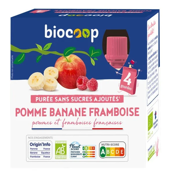 Purée sans sucres ajoutés pomme banane framboise gourde 4x90g