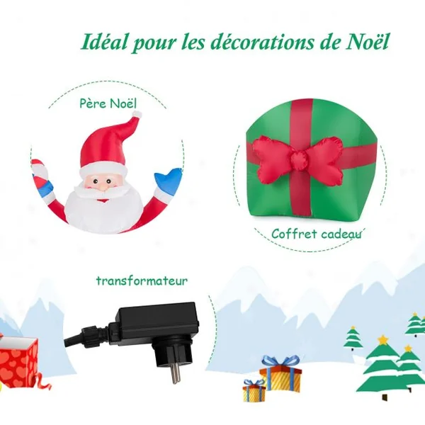 Père Noël Gonflable Décoratif 180 Cm Illuminé Par Led Transformateur Gonfleur en Tissu Polyester Imperméable