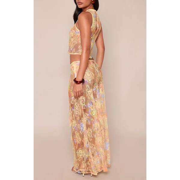 Pêche Ensemble Jupe Maxi Transparente En Dentelle Imprimée Tie-dye