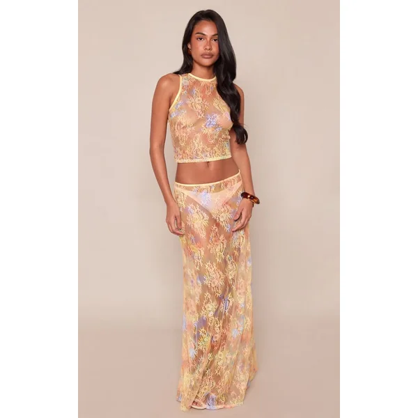 Pêche Ensemble Jupe Maxi Transparente En Dentelle Imprimée Tie-dye