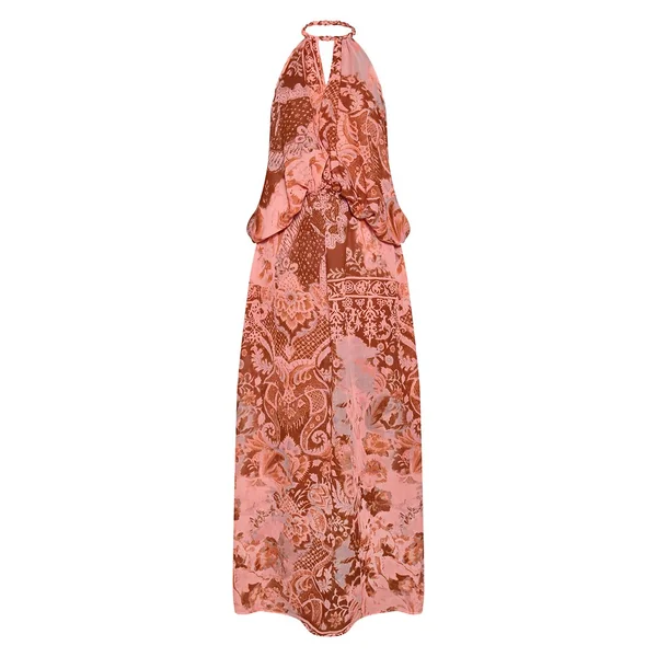 Pêche Robe Maxi En Mousseline À Imprimé Cachemire Avec Col Licou