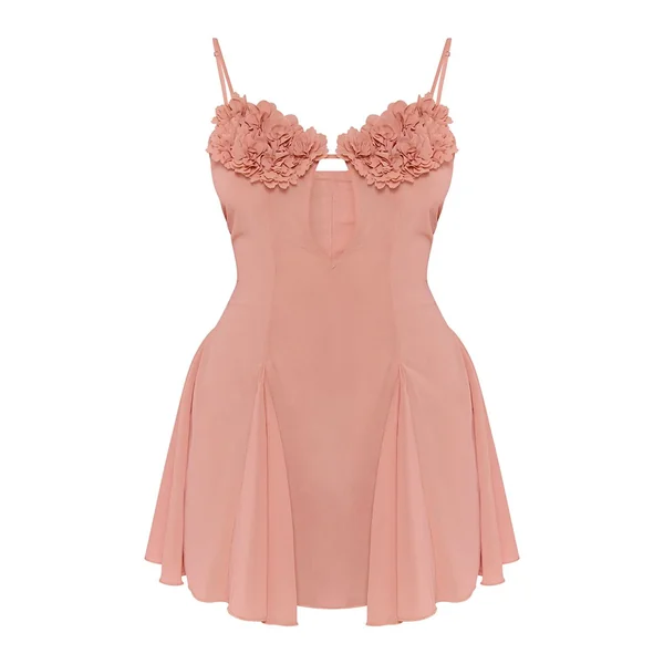 Pêche Robe Mini En Mousseline Pêche Avec Détail Floral Au Buste