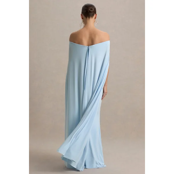 Radiance | Robe Longue De Maternité Bleu Poudré à Décolleté Bardot avec Cape