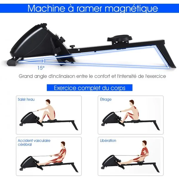Rameur d'Appartement Pliable à Résistance 10 Niveaux Ecran Lcd Capacité 120kg Musculation Des Bras Cardio-Training Noir