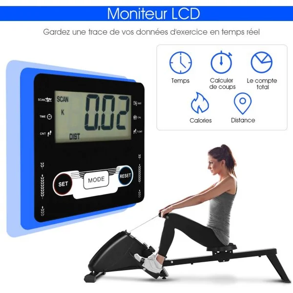 Rameur d'Appartement Pliable à Résistance 10 Niveaux Ecran Lcd Capacité 120kg Musculation Des Bras Cardio-Training Noir
