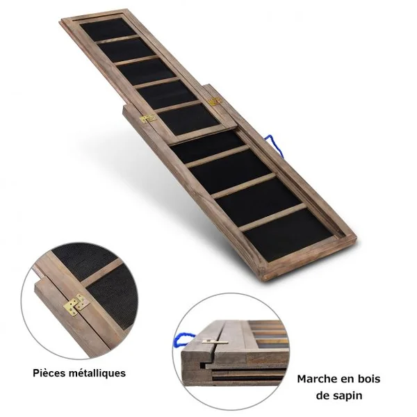 Rampe pour chien pliable Échelle pour animaux Rampe télescopique pour animal en Bois de Sapin, 165x435x5cm, Marron