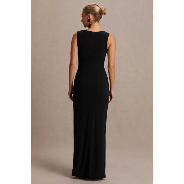 Raven | Robe longue de maternité noire à encolure bateau et détail froncé