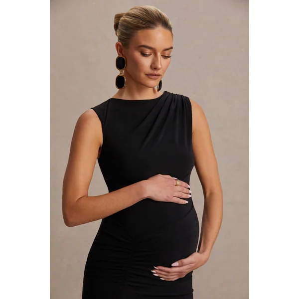 Raven | Robe longue de maternité noire à encolure bateau et détail froncé