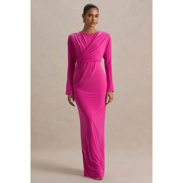 Regina | Robe longue rose vif à col montant drapée et croisée
