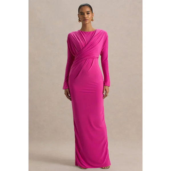 Regina | Robe longue rose vif à col montant drapée et croisée