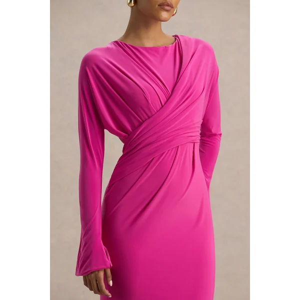 Regina | Robe longue rose vif à col montant drapée et croisée