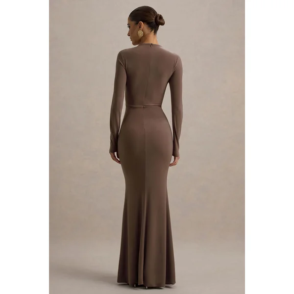 Reid | Robe longue marron à manches longues froncées