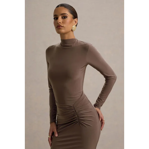 Reid | Robe longue marron à manches longues froncées