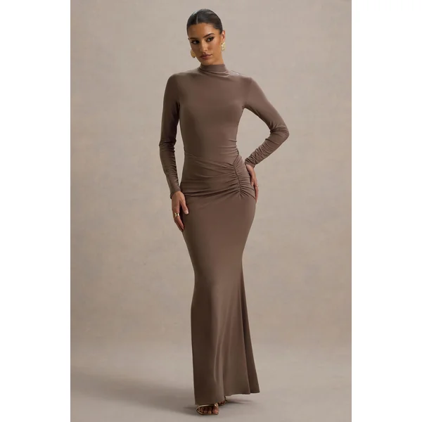 Reid | Robe longue marron à manches longues froncées
