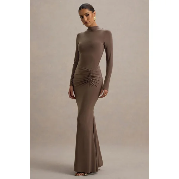 Reid | Robe longue marron à manches longues froncées