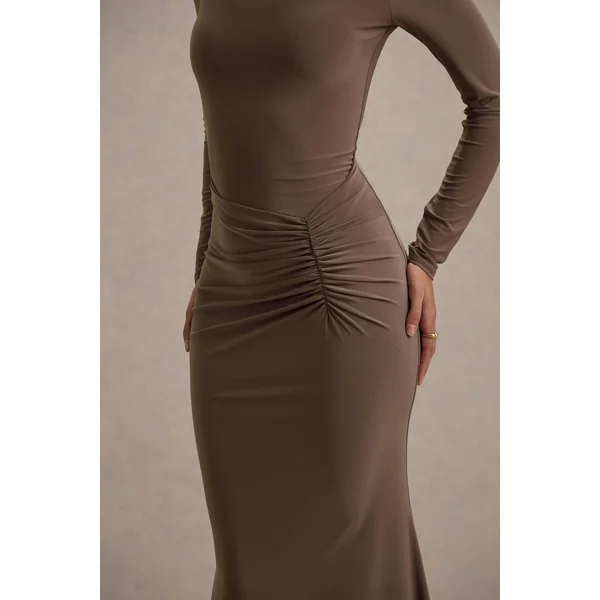 Reid | Robe longue marron à manches longues froncées