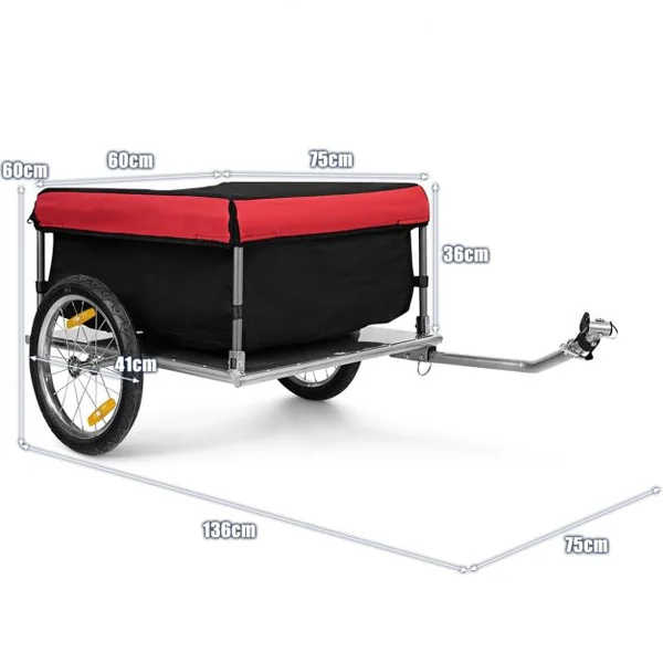 Remorque de Vélo/Bicyclette 16" Chariot de Transport Pliable Capacité 40KG en Acier 75 x 60 x 36 cm, Rouge+Noir