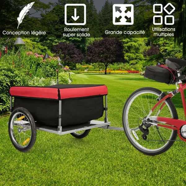 Remorque de Vélo/Bicyclette 16" Chariot de Transport Pliable Capacité 40KG en Acier 75 x 60 x 36 cm, Rouge+Noir