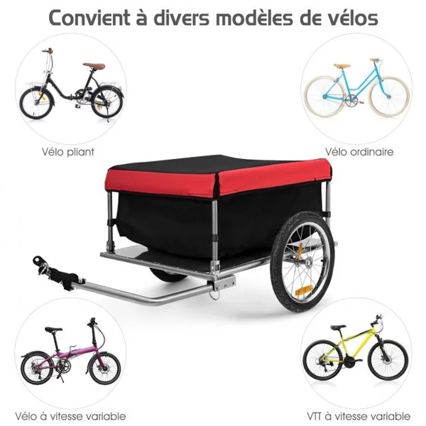Remorque de Vélo/Bicyclette 16" Chariot de Transport Pliable Capacité 40KG en Acier 75 x 60 x 36 cm, Rouge+Noir