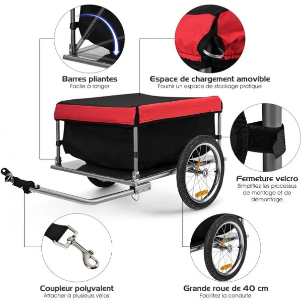 Remorque de Vélo/Bicyclette 16" Chariot de Transport Pliable Capacité 40KG en Acier 75 x 60 x 36 cm, Rouge+Noir