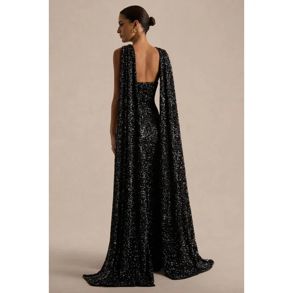 Renelle | Robe longue noire à dos nu en sequins