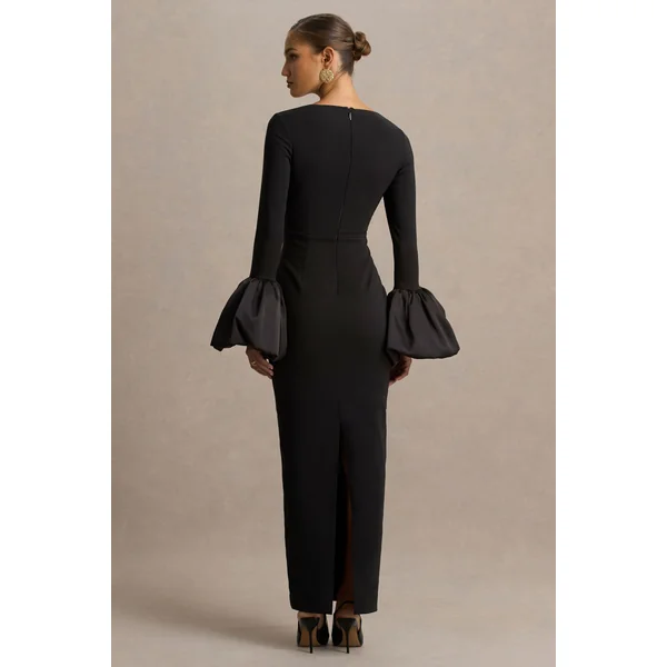 Retreat | Robe longue noire à décolleté carré avec manches bouffantes en satin