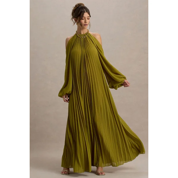 Reyna | Robe longue en chiffon plissé vert olive avec épaules dénudées