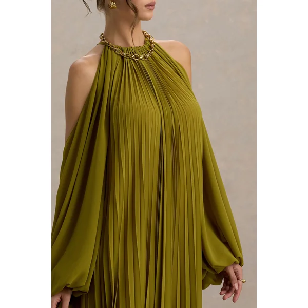 Reyna | Robe longue en chiffon plissé vert olive avec épaules dénudées