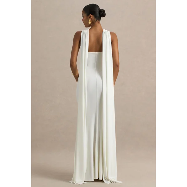 Rhoda | Robe longue blanche à col torsadé façon dos-nu avec drapé
