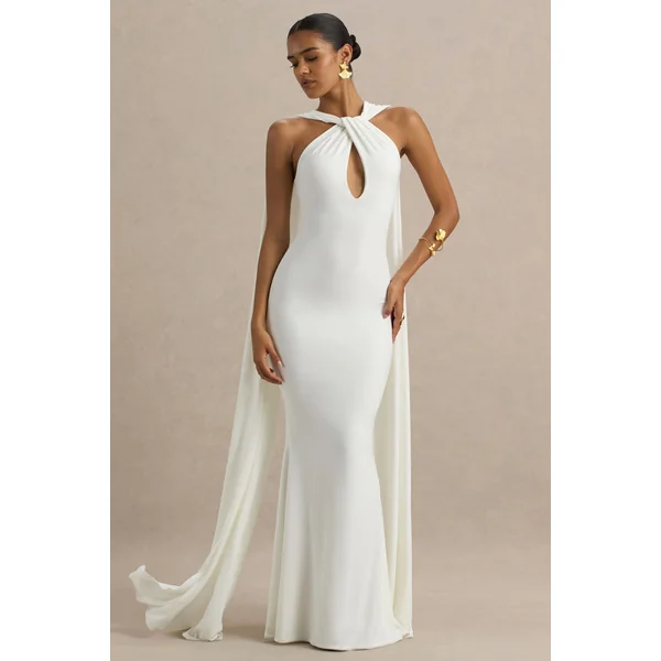 Rhoda | Robe longue blanche à col torsadé façon dos-nu avec drapé