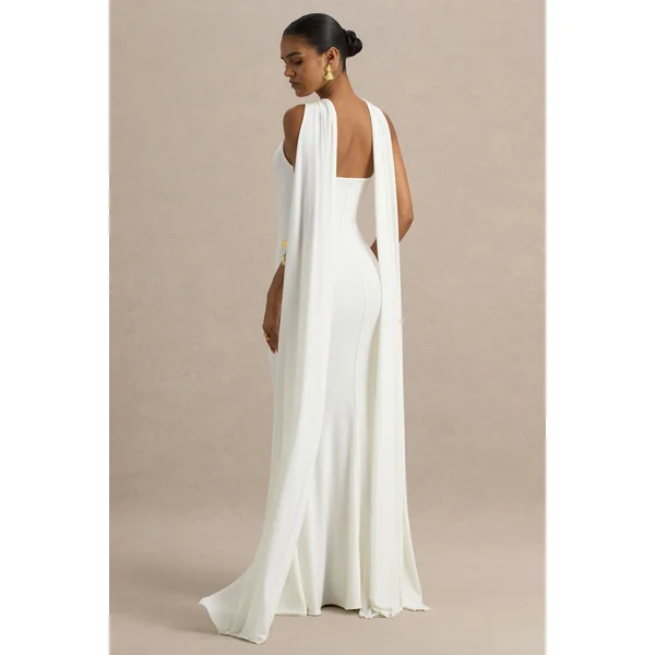 Rhoda | Robe longue blanche à col torsadé façon dos-nu avec drapé