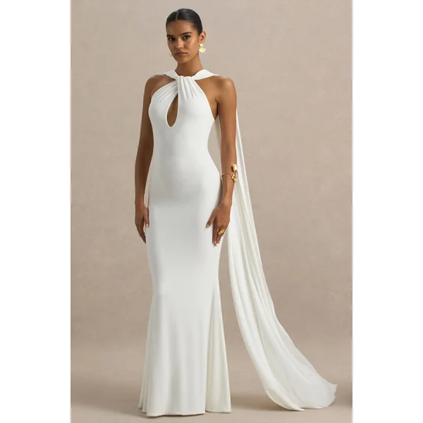 Rhoda | Robe longue blanche à col torsadé façon dos-nu avec drapé