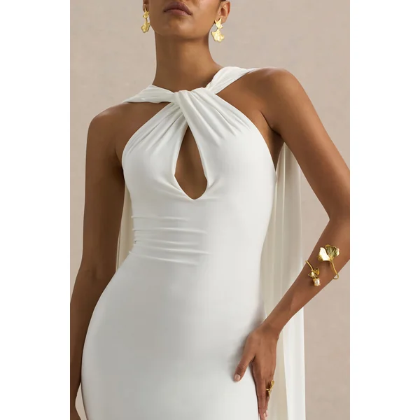 Rhoda | Robe longue blanche à col torsadé façon dos-nu avec drapé