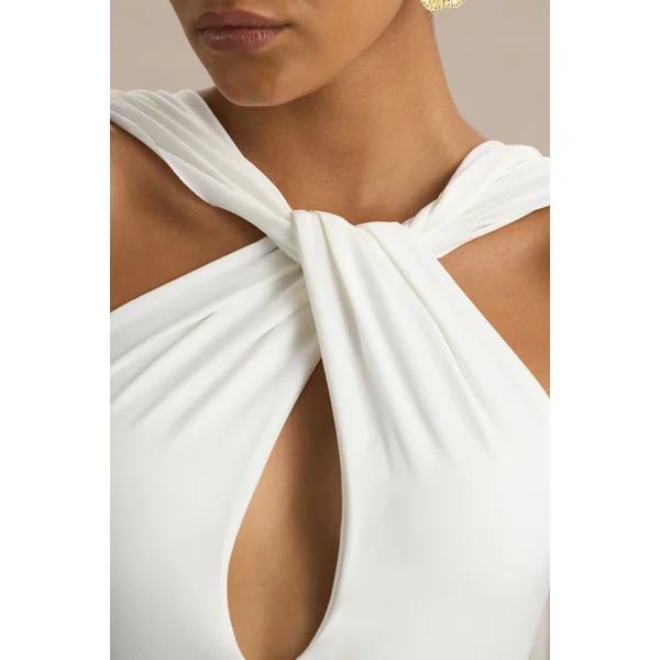 Rhoda | Robe longue blanche à col torsadé façon dos-nu avec drapé