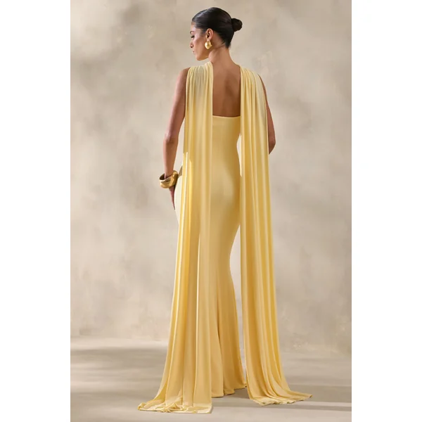 Rhoda | Robe longue citron à encolure dos-nu torsadée avec cape