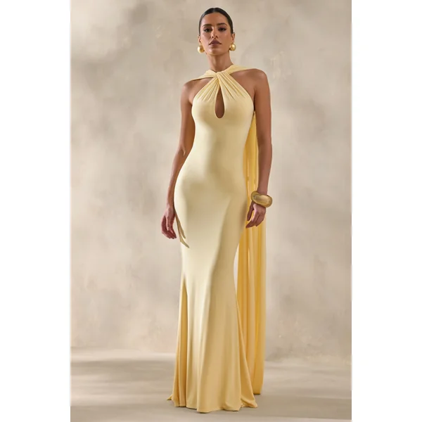 Rhoda | Robe longue citron à encolure dos-nu torsadée avec cape