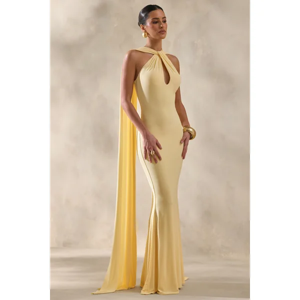 Rhoda | Robe longue citron à encolure dos-nu torsadée avec cape
