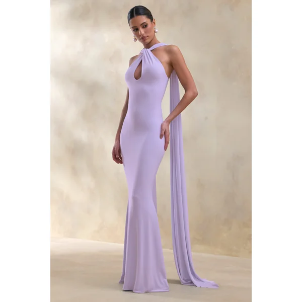 Rhoda | Robe longue lilas à encolure dos-nu torsadée avec cape