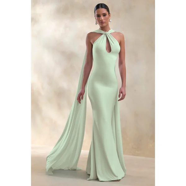 Rhoda | Robe longue menthe à encolure dos-nu torsadée avec cape