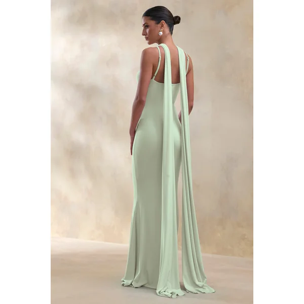 Rhoda | Robe longue menthe à encolure dos-nu torsadée avec cape
