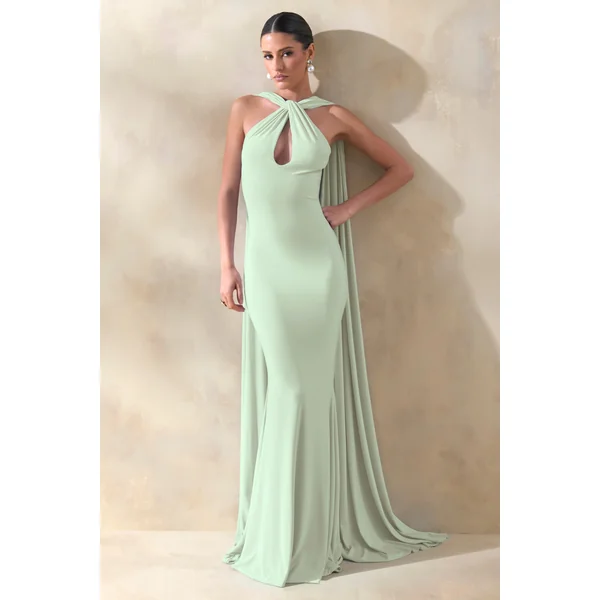 Rhoda | Robe longue menthe à encolure dos-nu torsadée avec cape