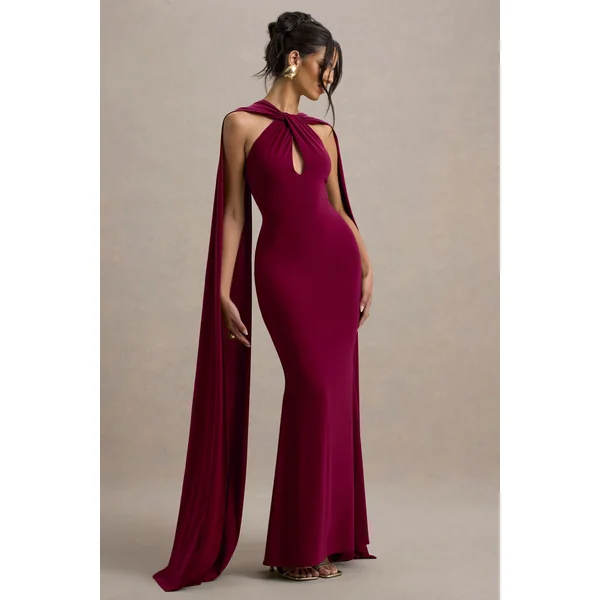 Rhoda | Robe longue rouge bordeaux à col halter torsadé avec cape