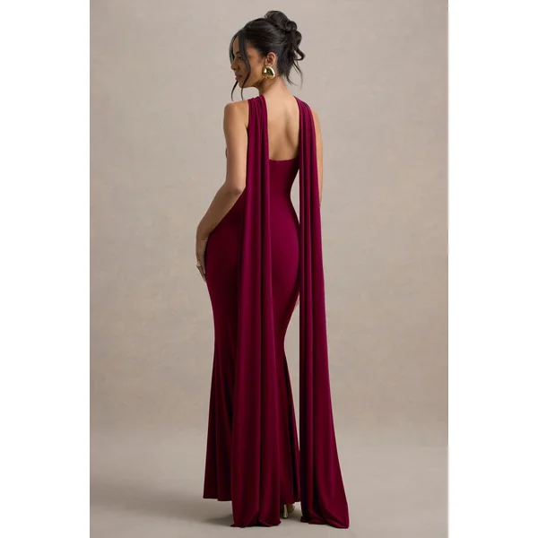 Rhoda | Robe longue rouge bordeaux à col halter torsadé avec cape