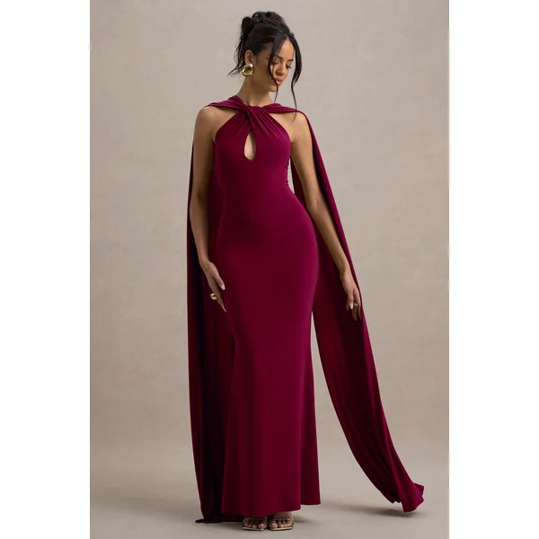 Rhoda | Robe longue rouge bordeaux à col halter torsadé avec cape
