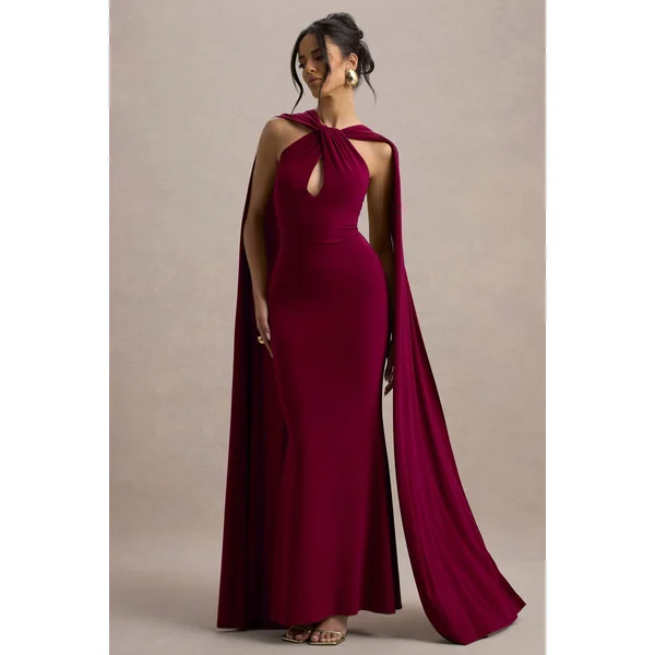 Rhoda | Robe longue rouge bordeaux à col halter torsadé avec cape