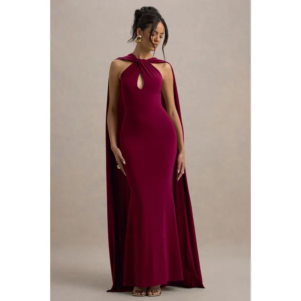 Rhoda | Robe longue rouge bordeaux à col halter torsadé avec cape