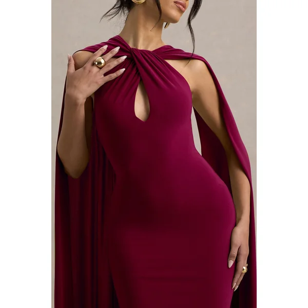 Rhoda | Robe longue rouge bordeaux à col halter torsadé avec cape