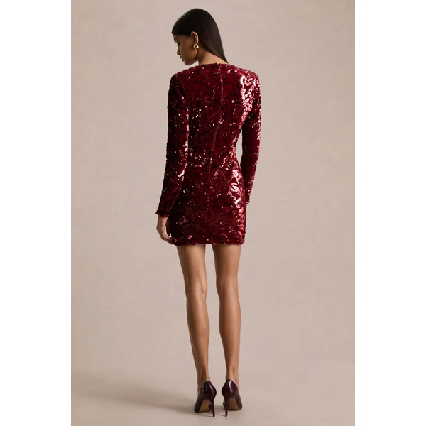 Ritz | Mini-robe en sequins bordeaux à décolleté plongeant et manches longues