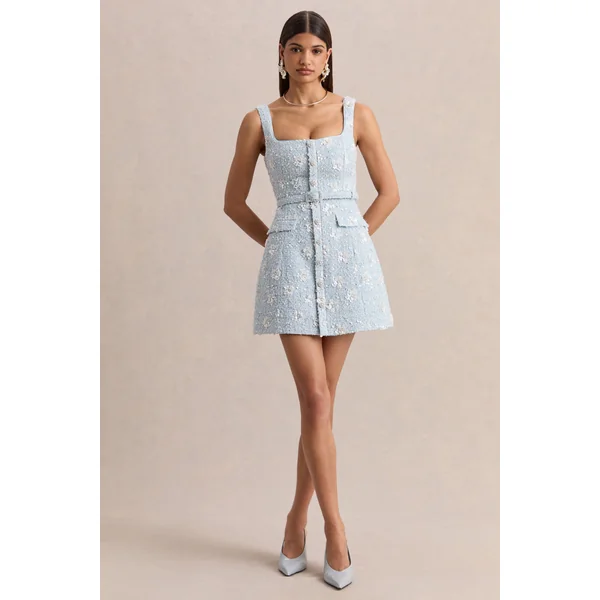 Riya | Mini-robe en bouclé bleu clair à encolure carrée