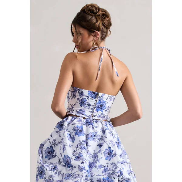 Roam | Crop top à volants imprimé floral avec décolleté en V et licou